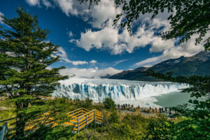 A stunning view of a large glacier under a bright blue sky with fluffy white clouds. The glacier is surrounded by lush green trees and wooden boardwalks filled with people on a hiking tour, observing the natural wonder. The scene is framed by mountainous terrain.