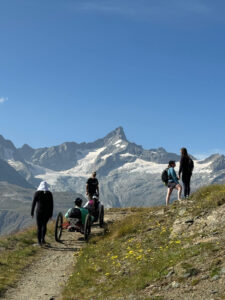 A group of six hikers, including one in an all-terrain wheelchair, trek along a rocky mountain path. Majestic snow-capped peaks tower in the background under a clear blue sky. Bright yellow wildflowers dot the grassy landscape.